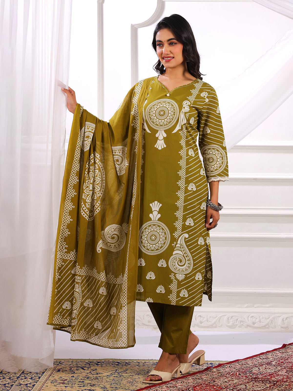 Mehendi green cotton silk printed kurti set for women