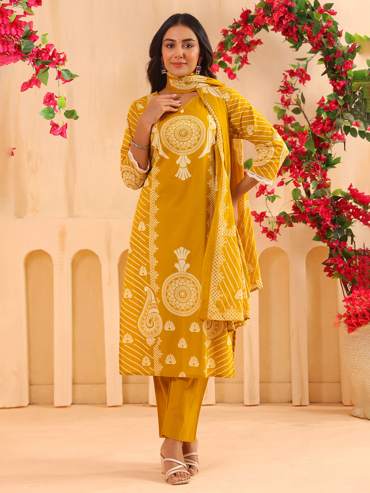 Yellow printed straight cut kurti set
