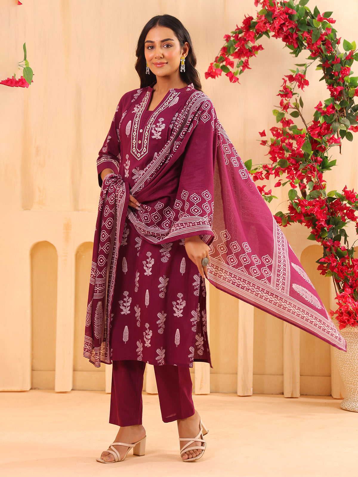 Wine printed cotton kurti set with printed dupatta
