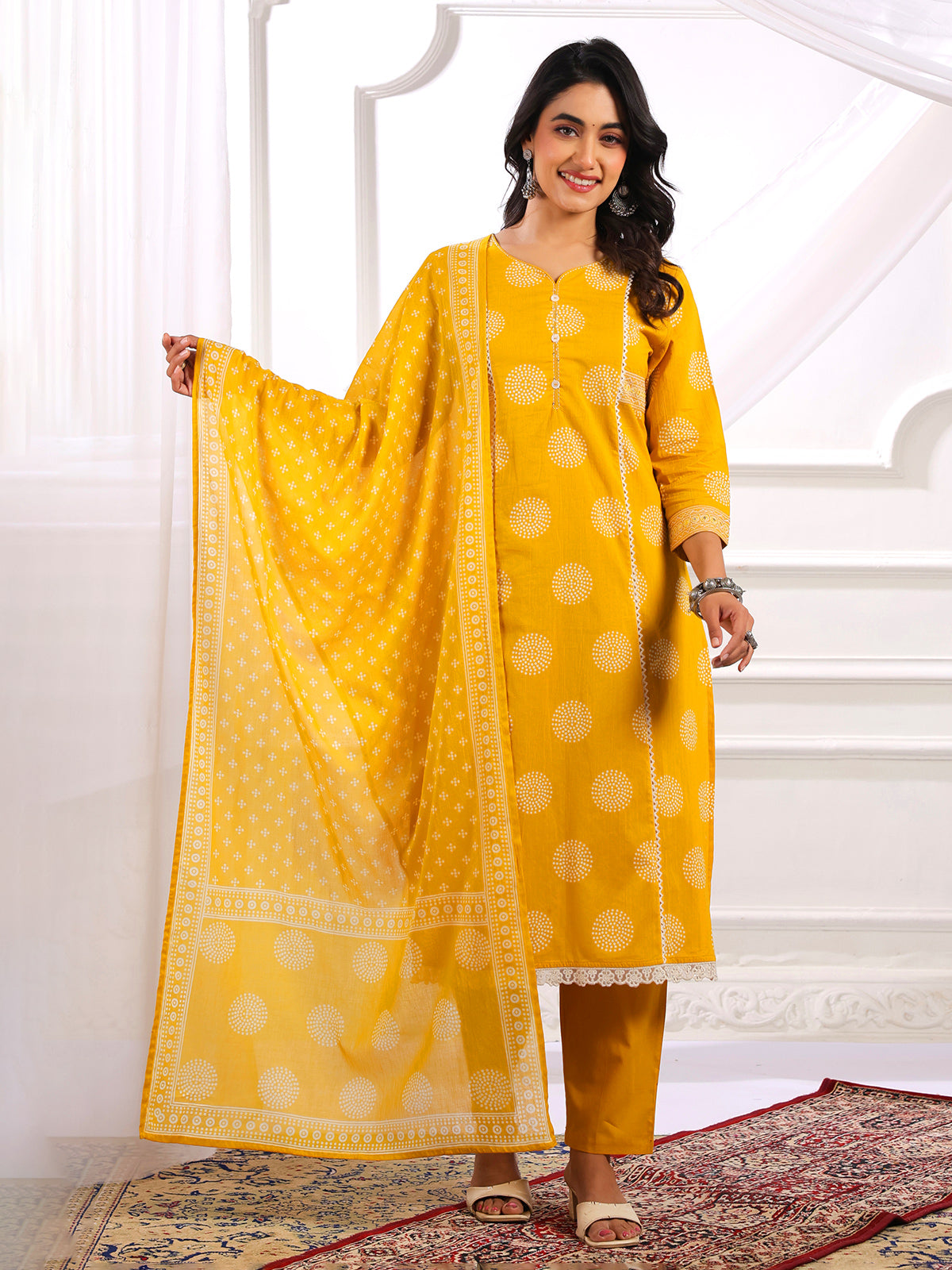 Yellow printed straight cut cotton silk kurti set