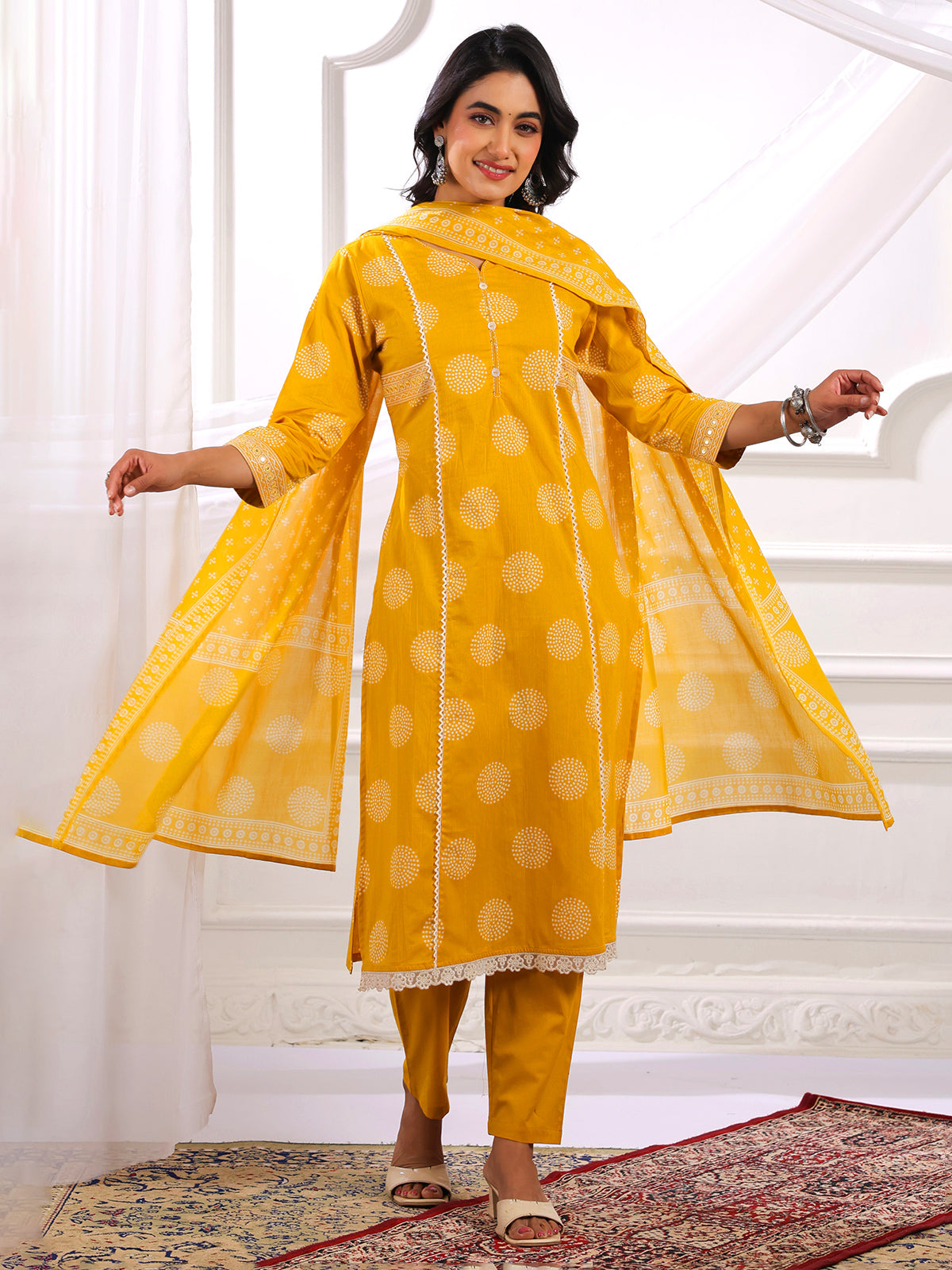 Yellow printed straight cut cotton silk kurti set