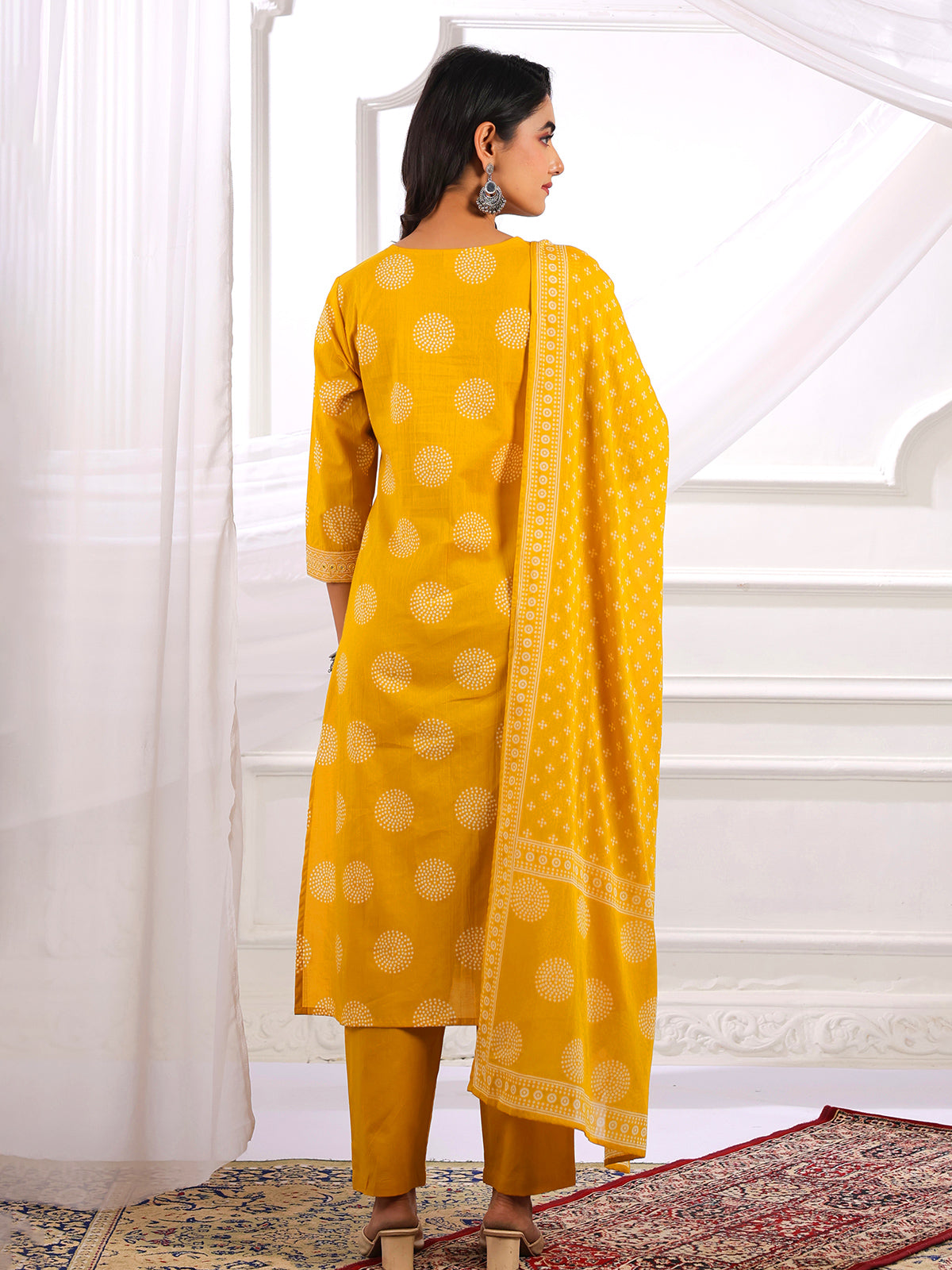 Yellow printed straight cut cotton silk kurti set