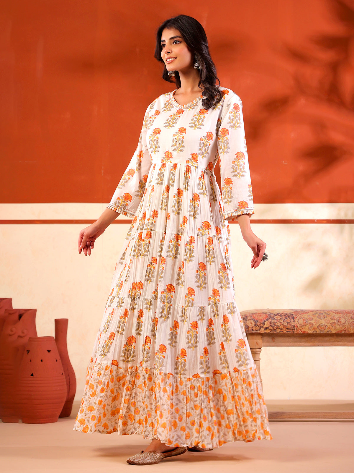 White floral printed floor length kurti