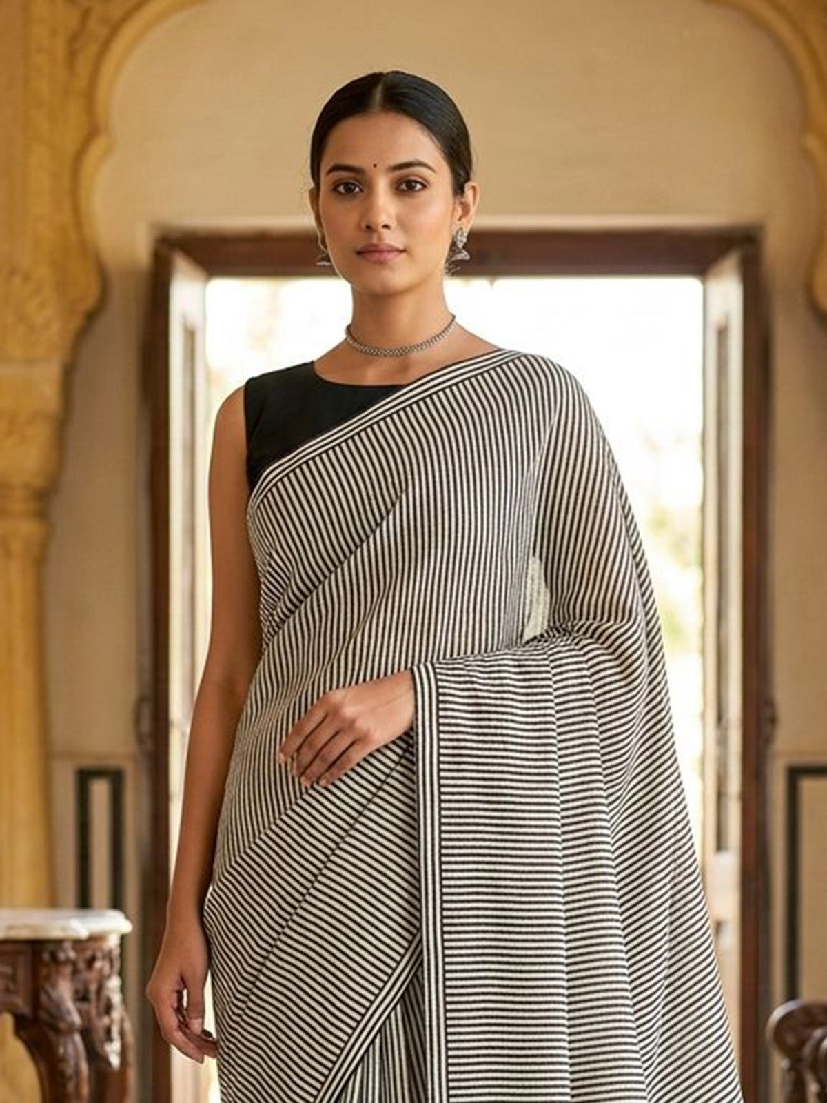 White printed muslin saree for casual
