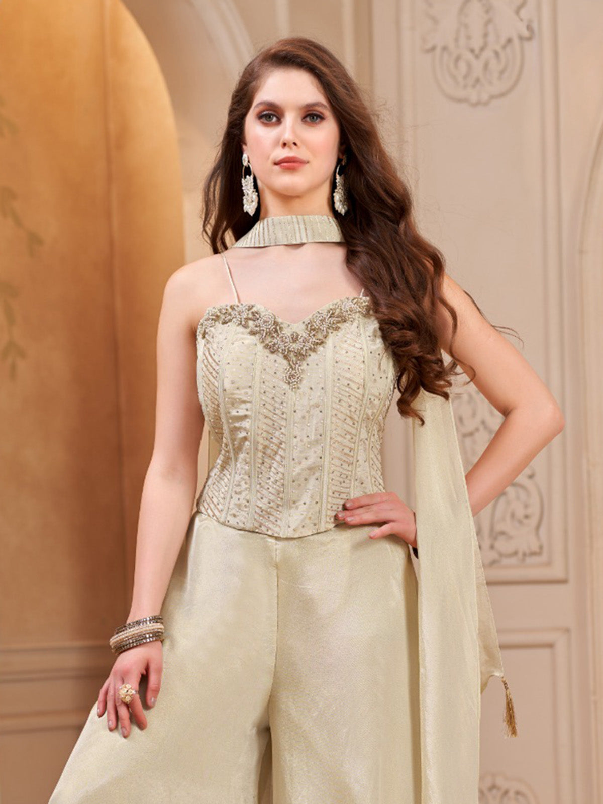 Cream silk embellished sweetheart neckline palazzo suit