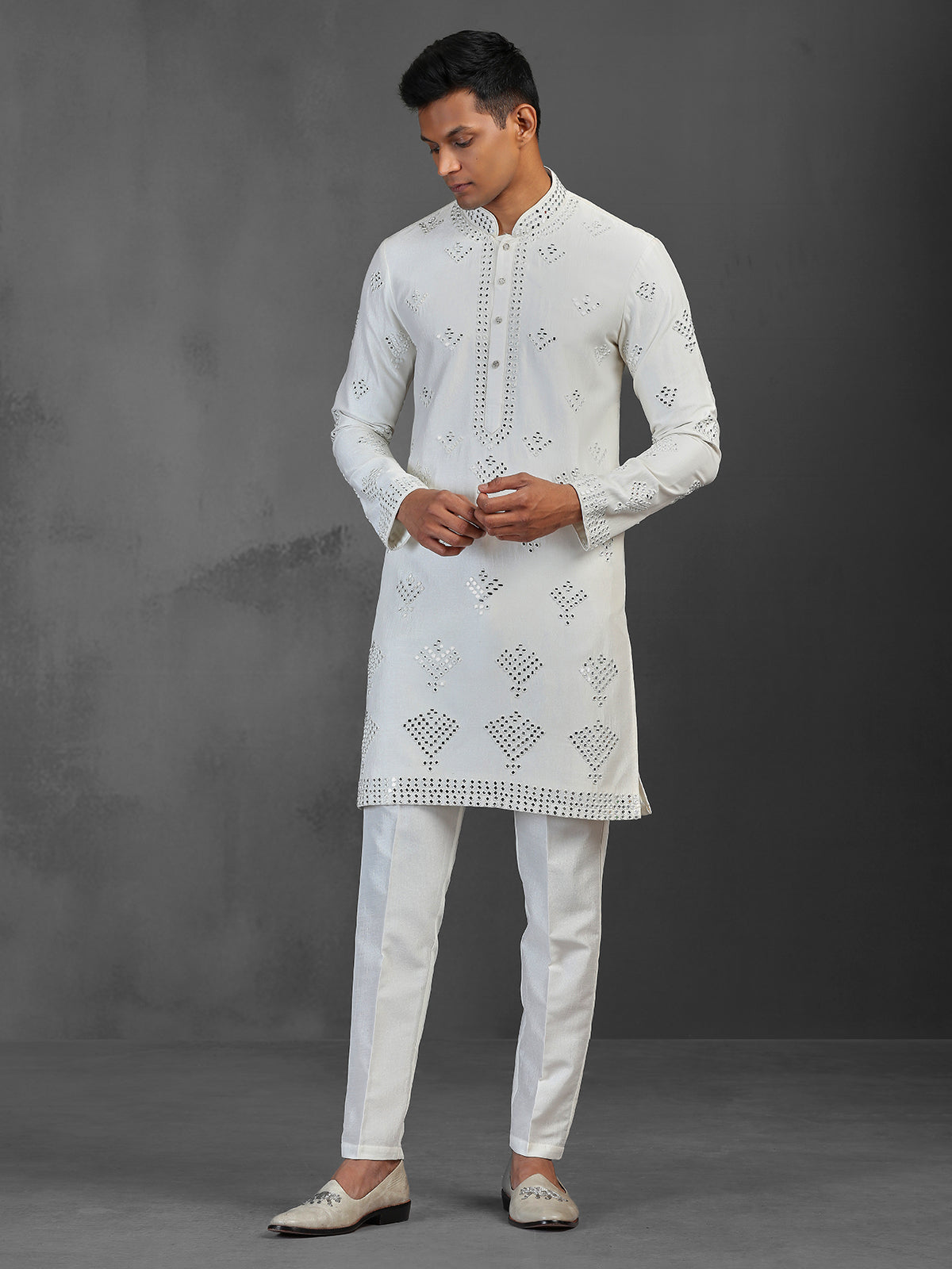 White silk wedding wear kurta suit with mirror work