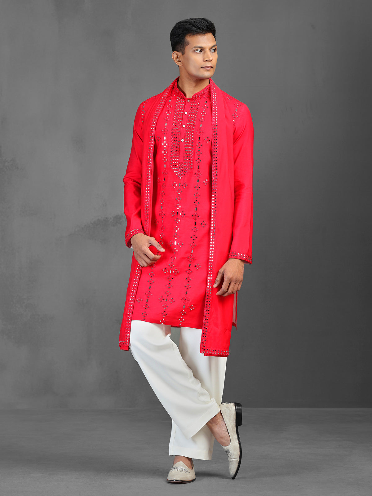 Red wedding wear art silk kurta suit with dupatta