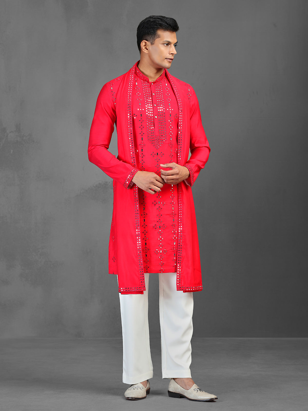 Red wedding wear art silk kurta suit with dupatta