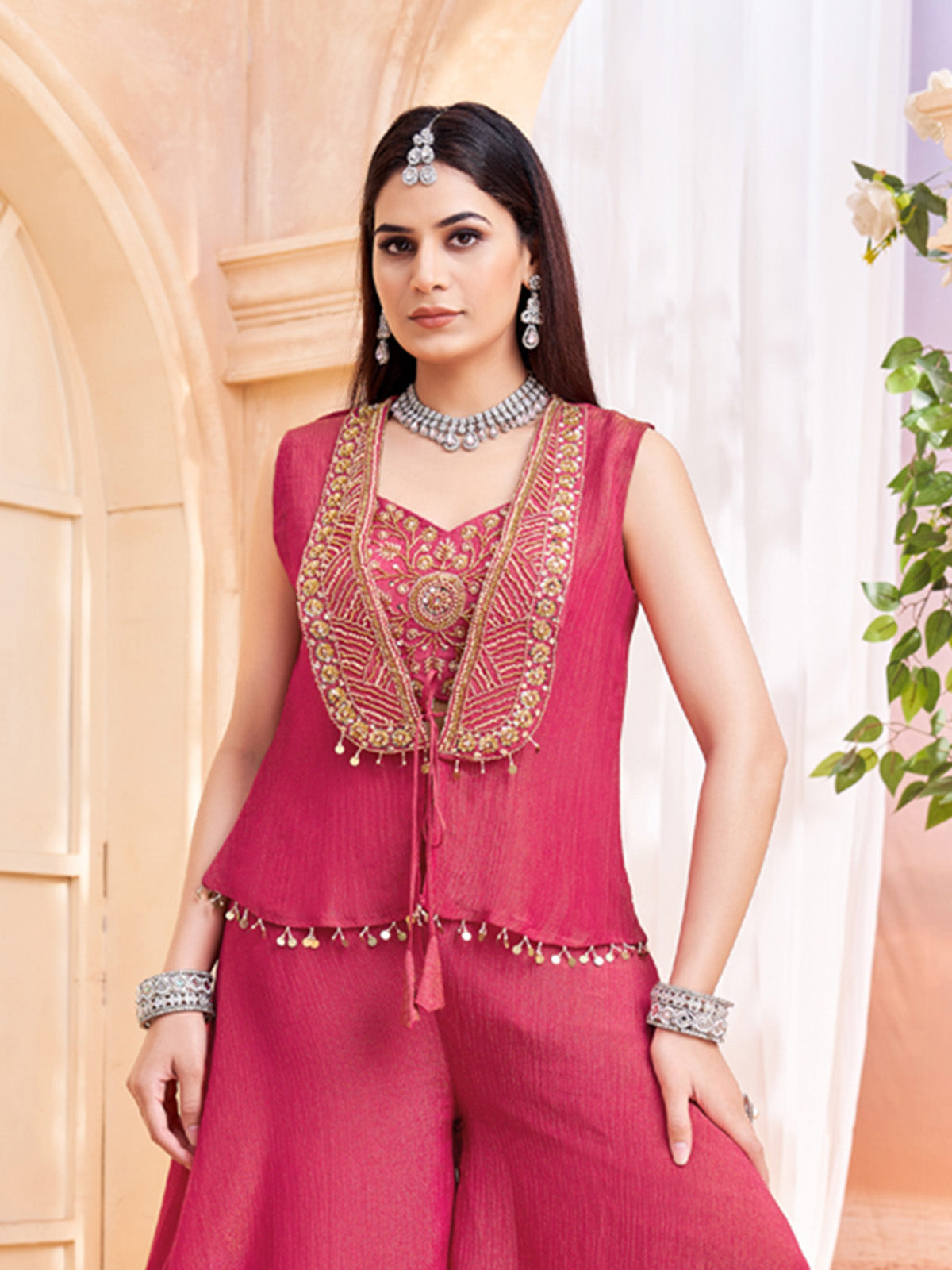 Rani pink chiffon designer jacket style festive palazzo suit