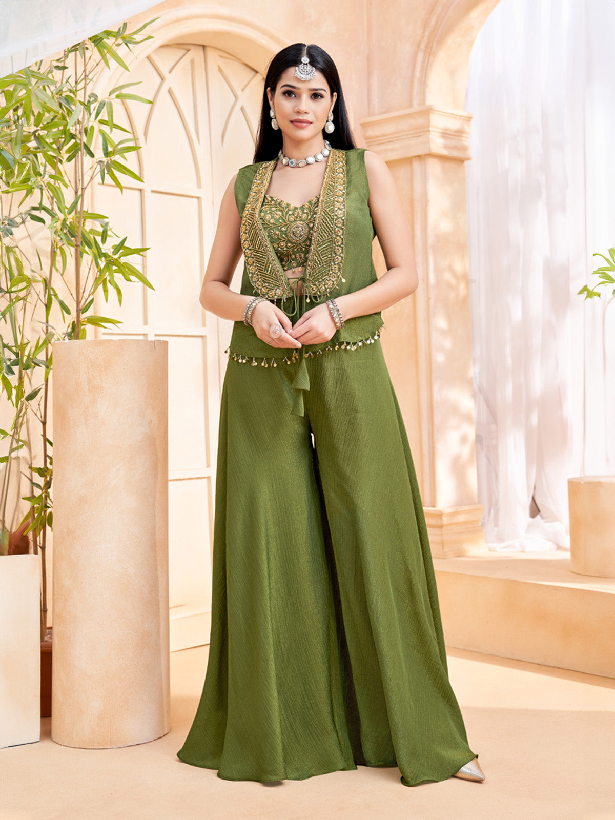 Mehendi green chiffon designer jacket style festive palazzo suit
