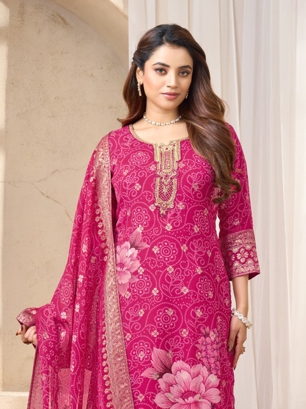 Rani pink silk bandhej printed festive salwar suit