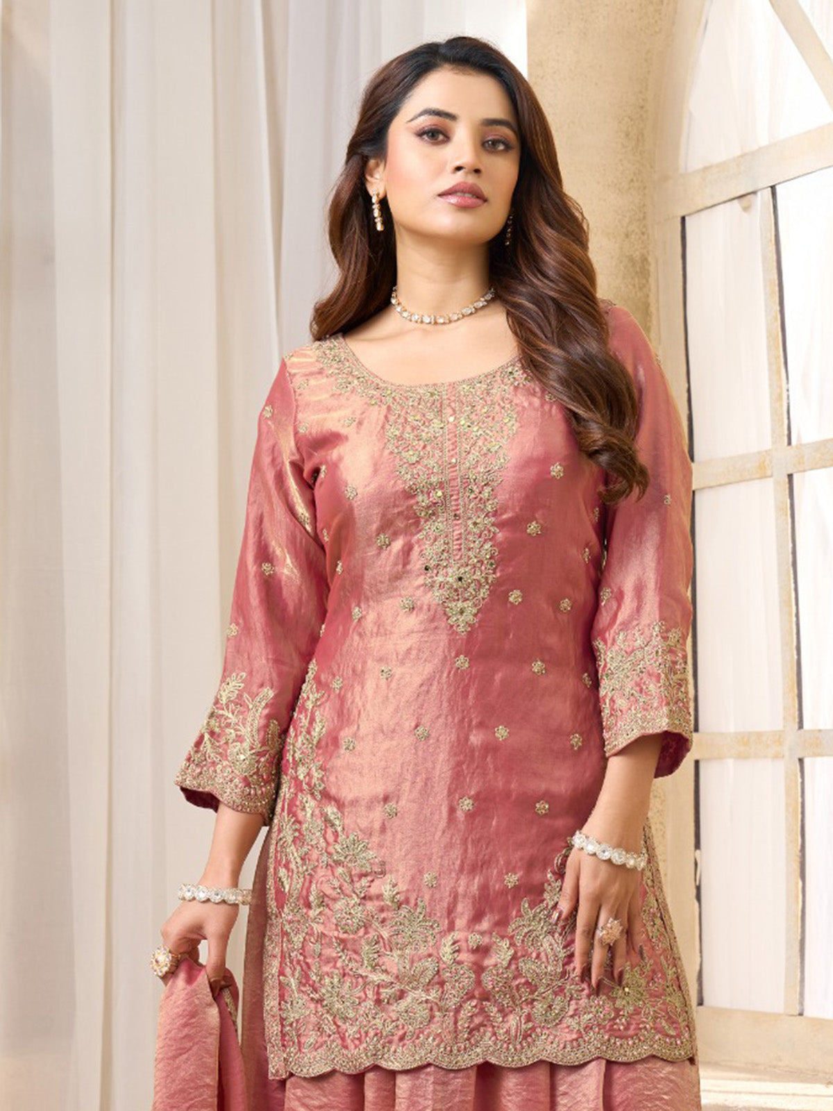 Onion pink chinon silk pakistani style palazzo suit