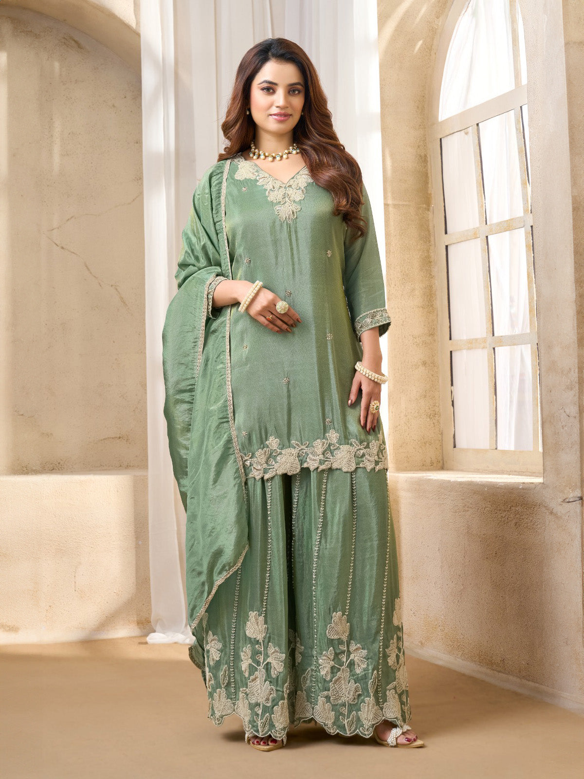 Pista green silk pakistani style festive palazzo suit