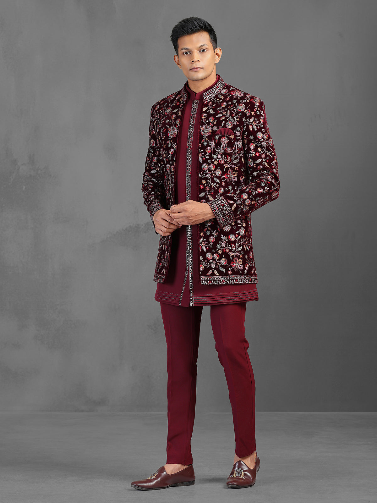 Maroon embroidery worked indowestern set for wedding
