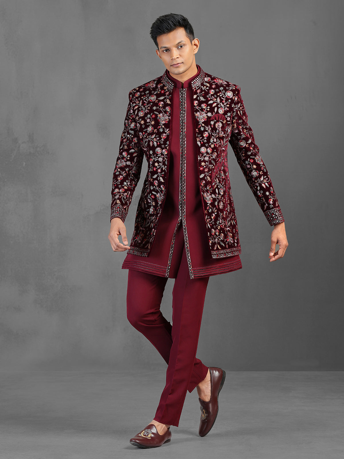 Maroon embroidery worked indowestern set for wedding