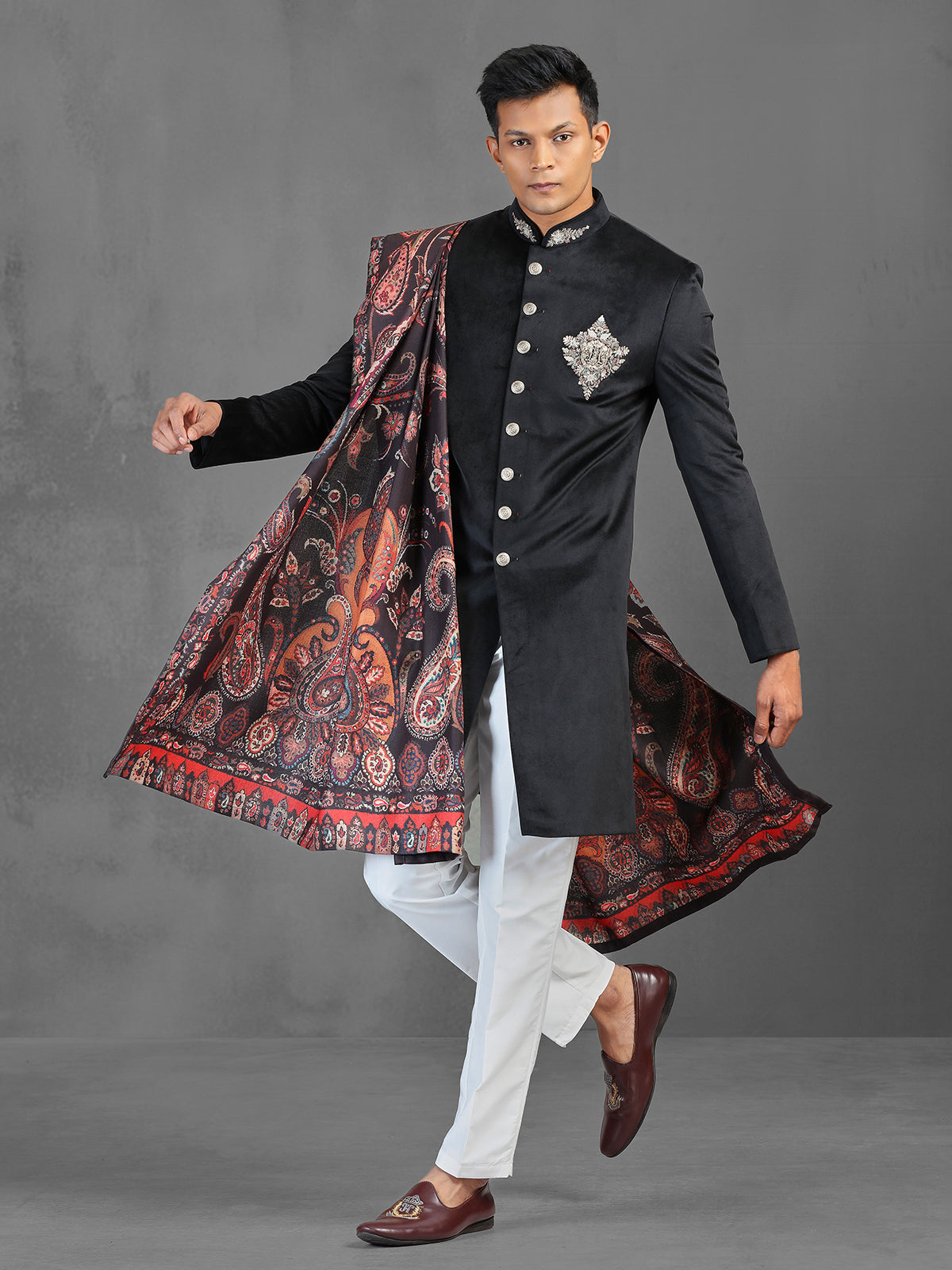 Black velvet reception wear indowestern suit