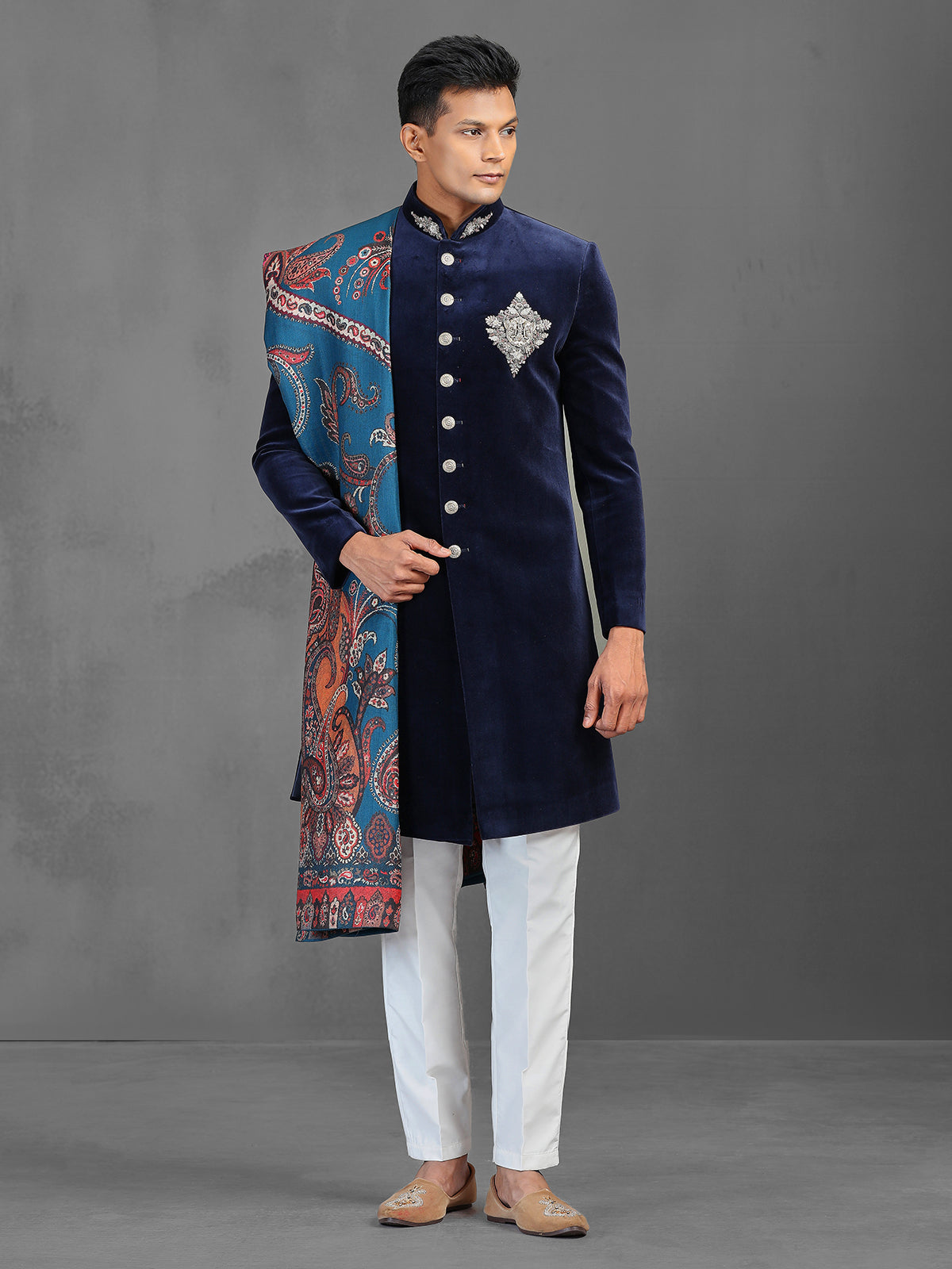 Navy velvet indowestern suit with dupatta