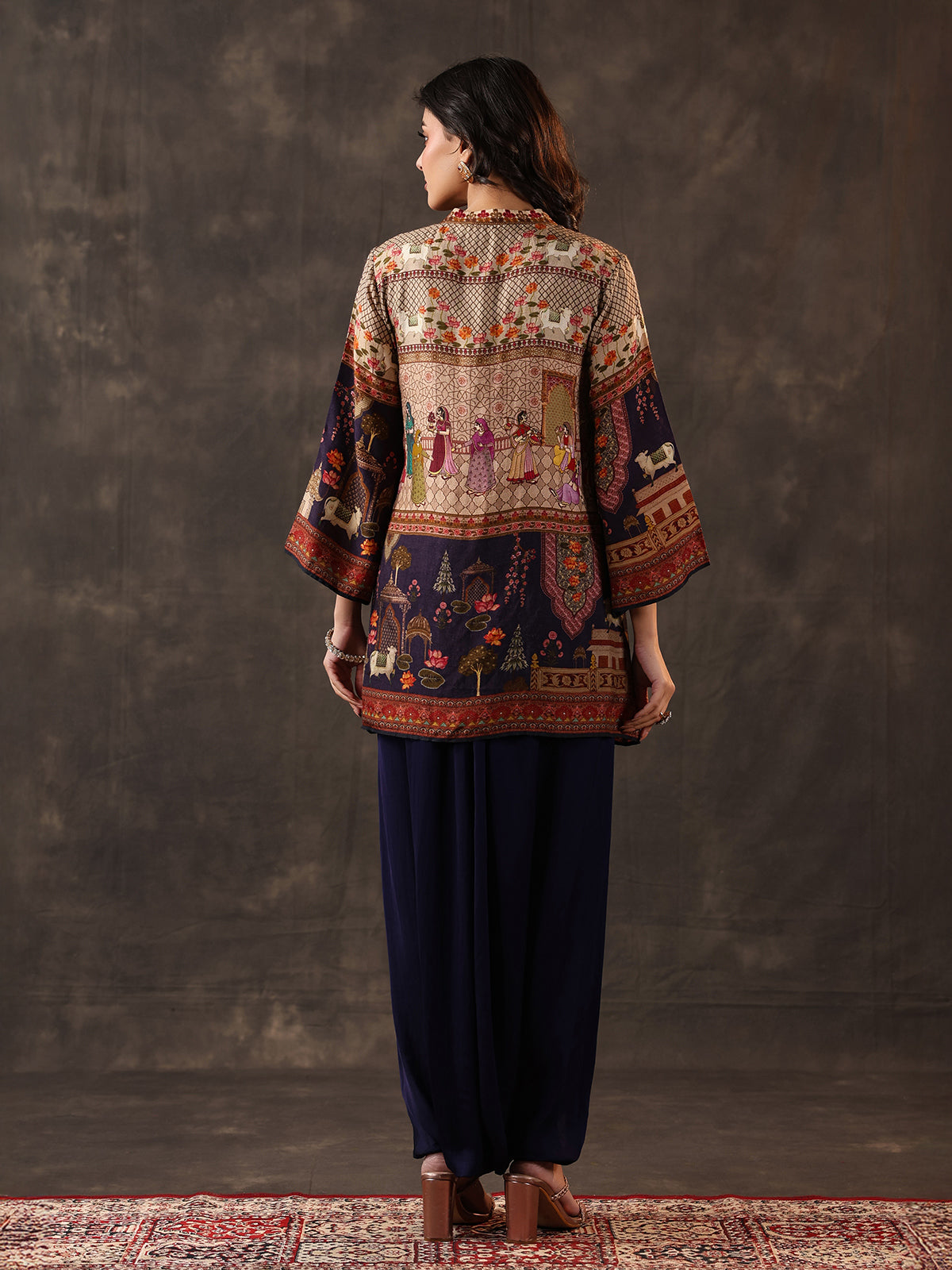 Navy crepe silk printed dhoti style festive suit