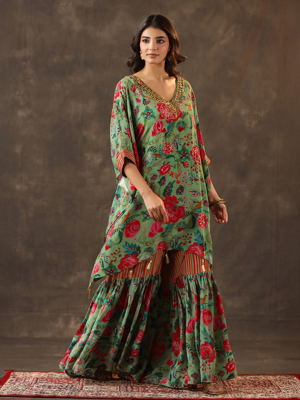 Pista green silk kaftan style designer sharara suit