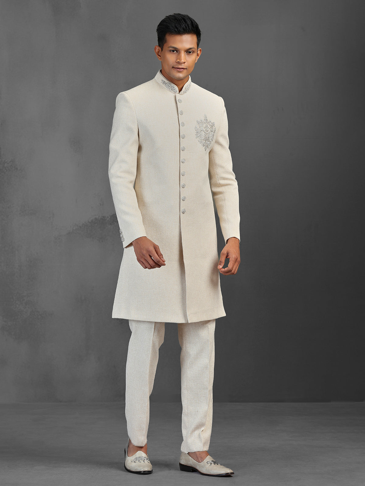 Off white textured silk indowestern suit for wedding