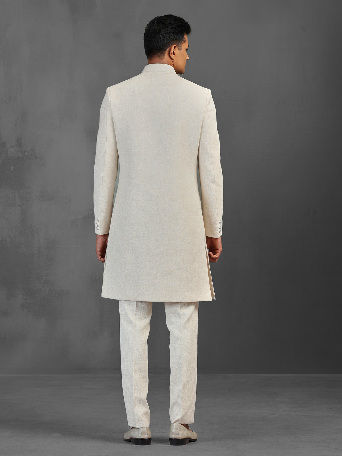 Off white textured silk indowestern suit for wedding