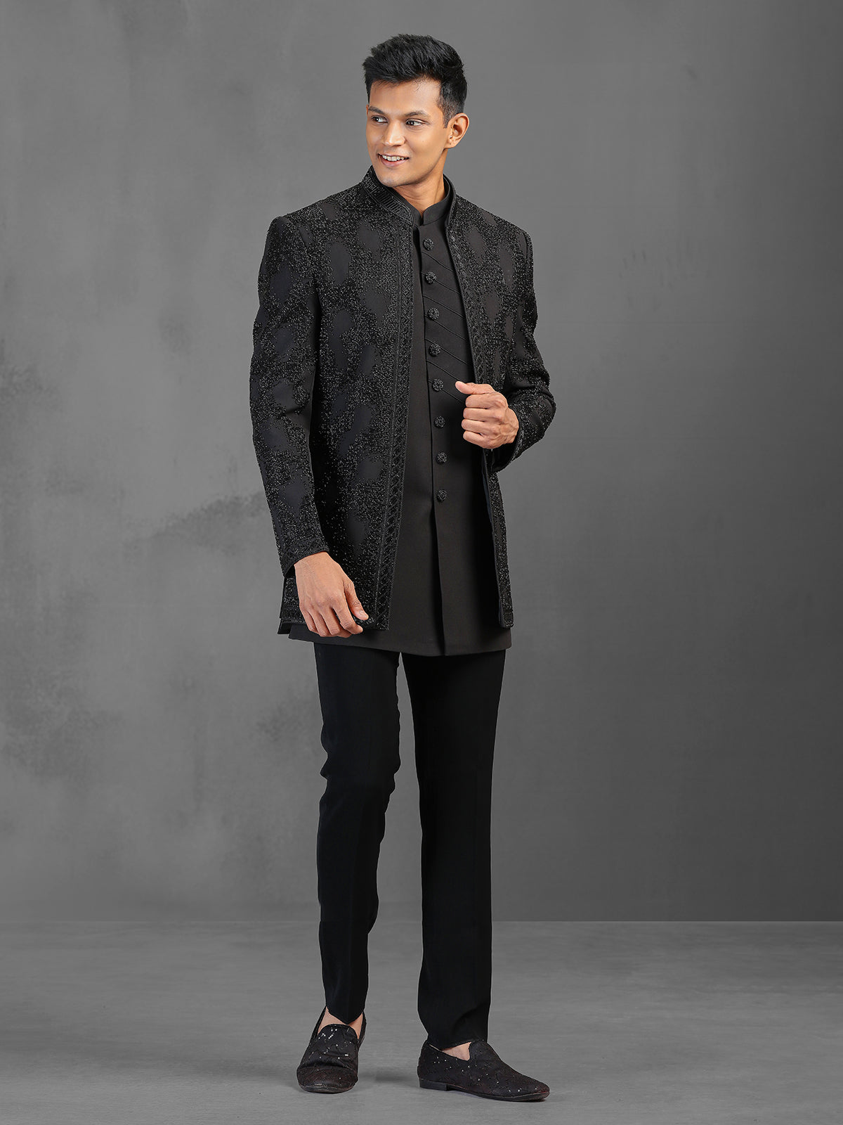 Black terry rayon indowestern suit with cutdana detailing