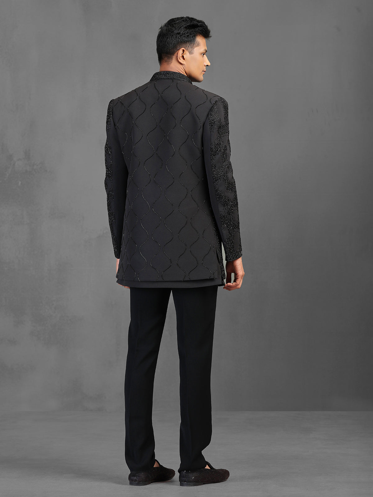 Black terry rayon indowestern suit with cutdana detailing