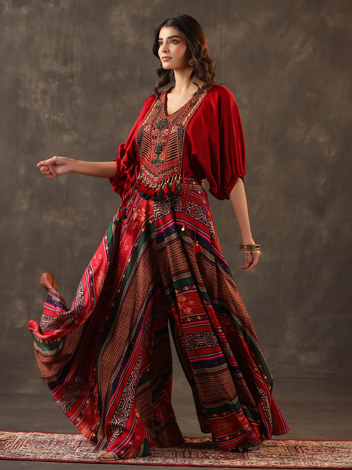 Red crepe silk embellished designer palazzo suit