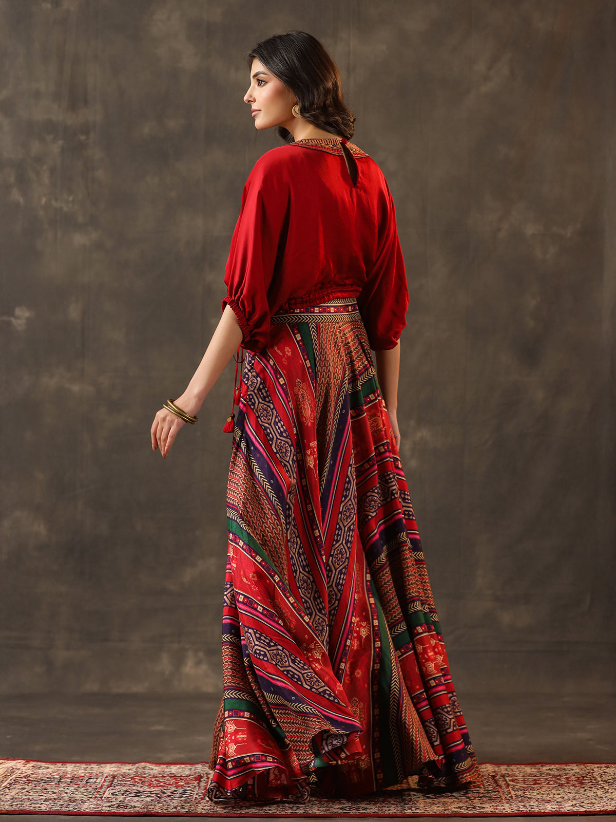 Red crepe silk embellished designer palazzo suit