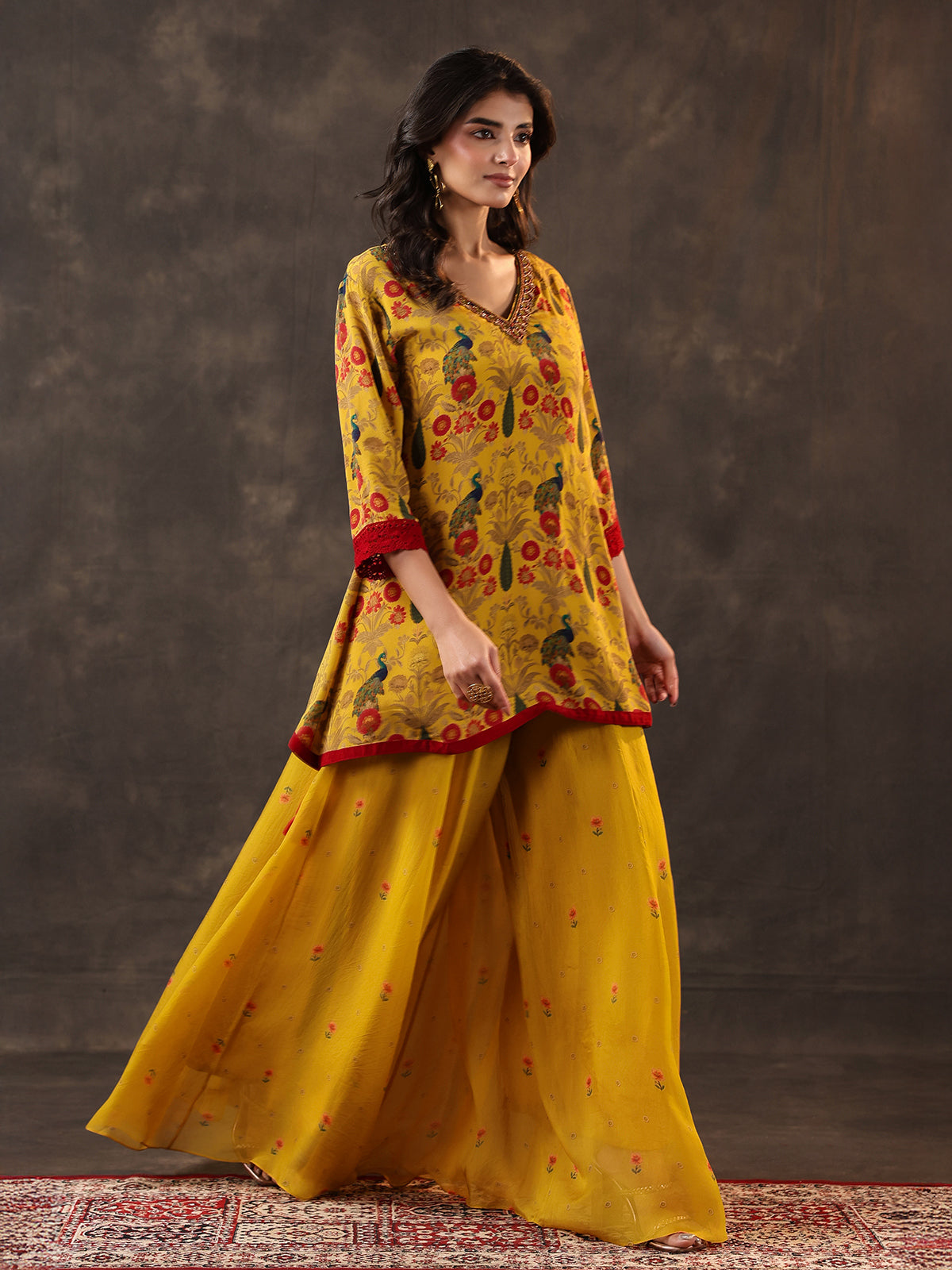 Yellow silk printed cutdana festive palazzo suit