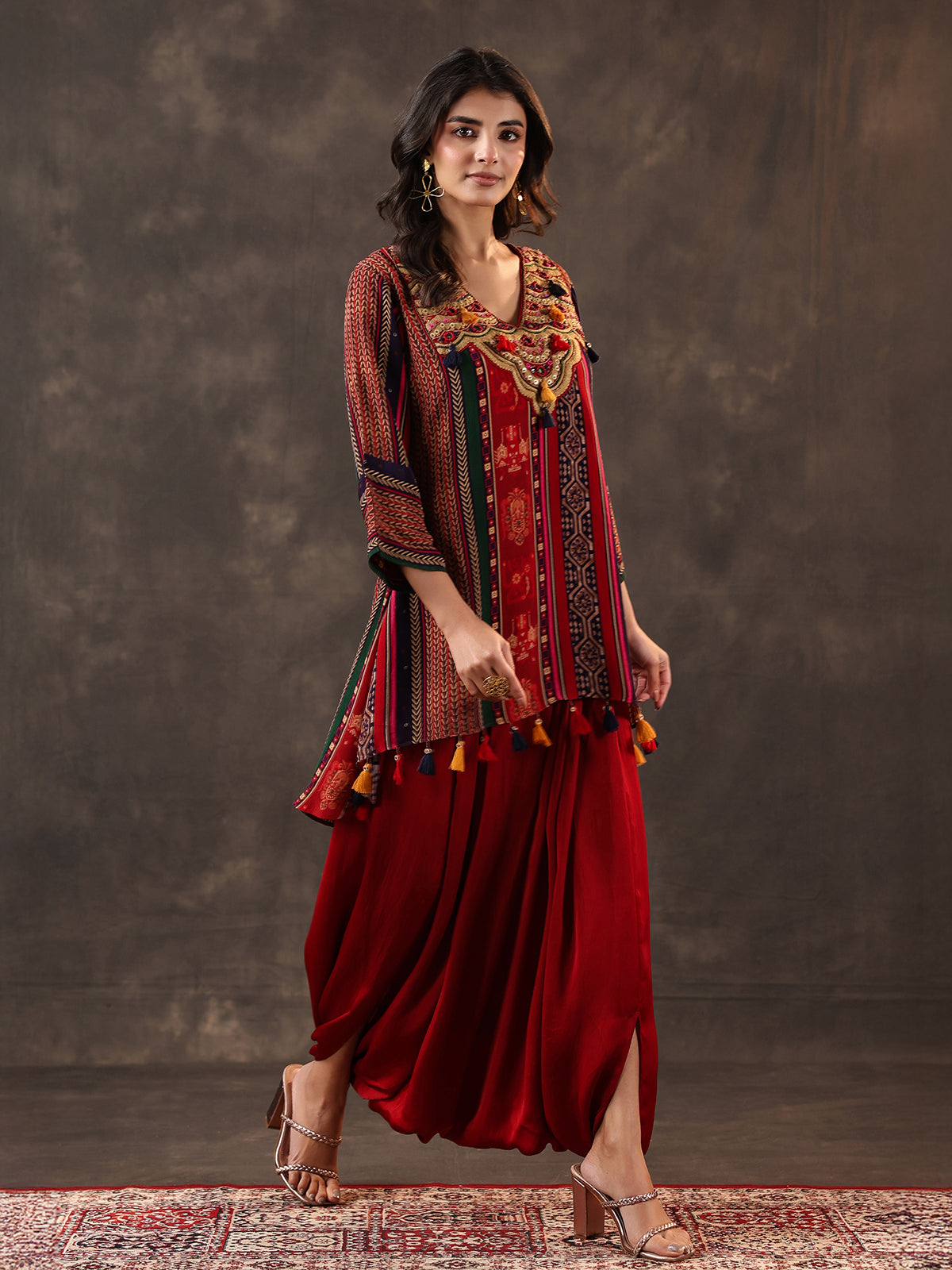 Maroon crepe silk mirror work dhoti suit