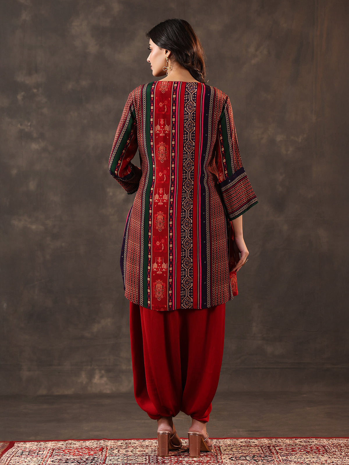 Maroon crepe silk mirror work dhoti suit