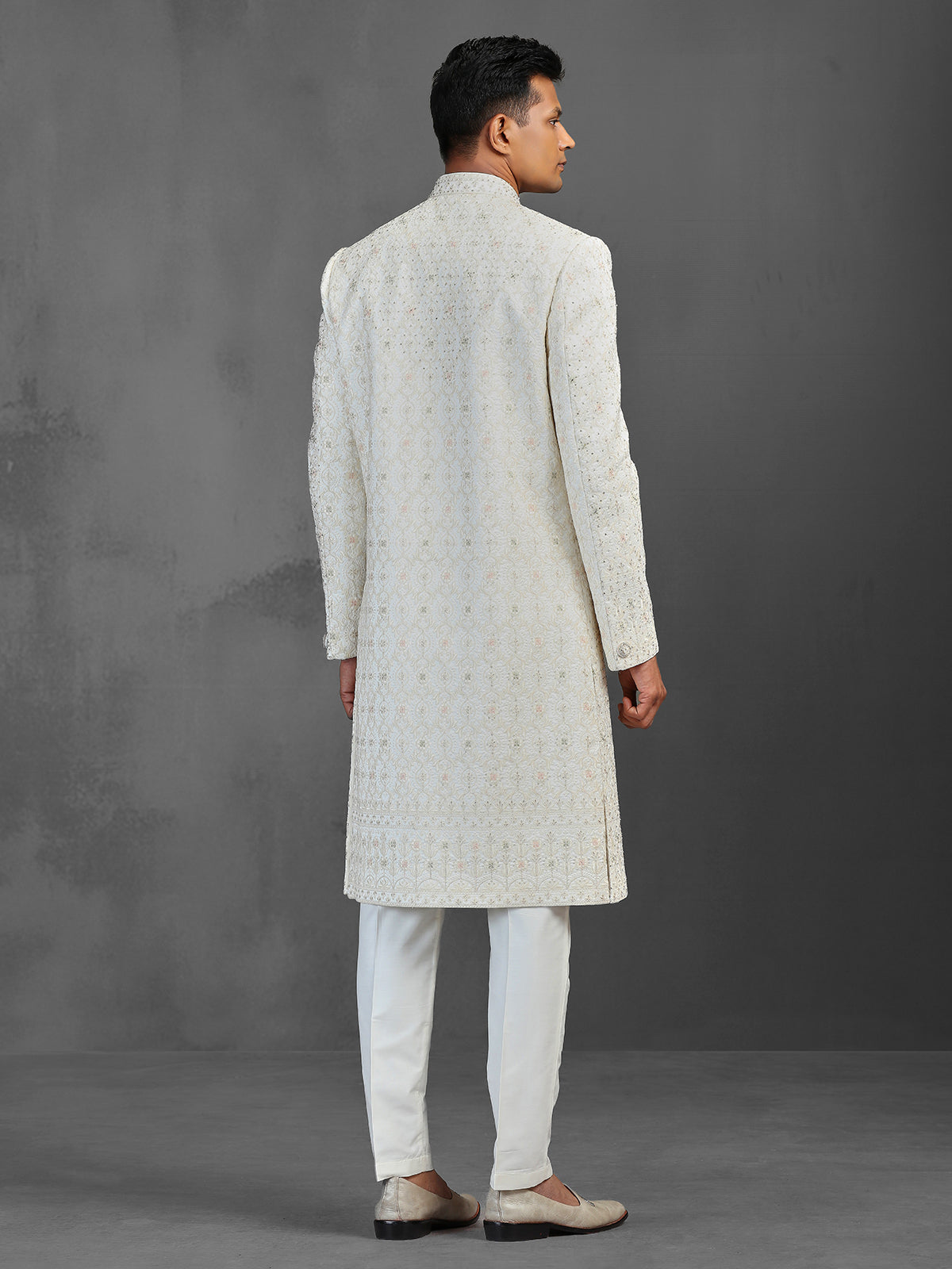 Beige silk sherwani with thread work