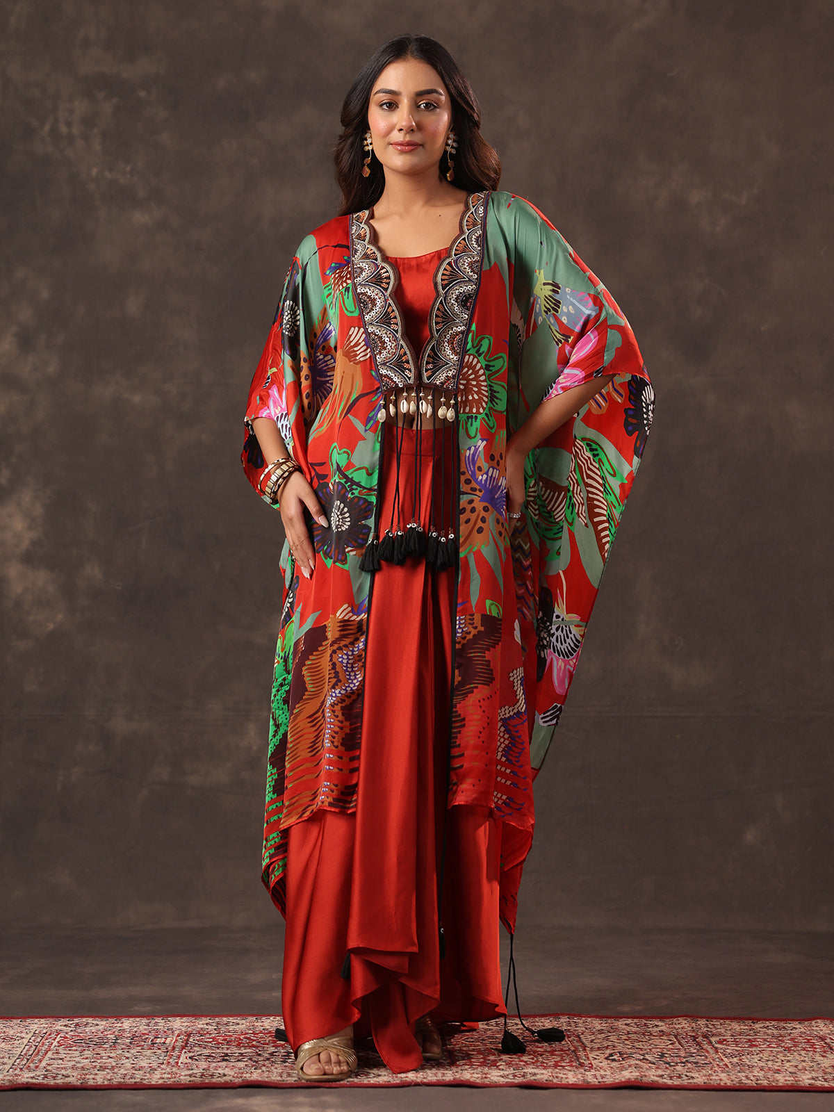 Red crepe silk kaftan style indo western suit