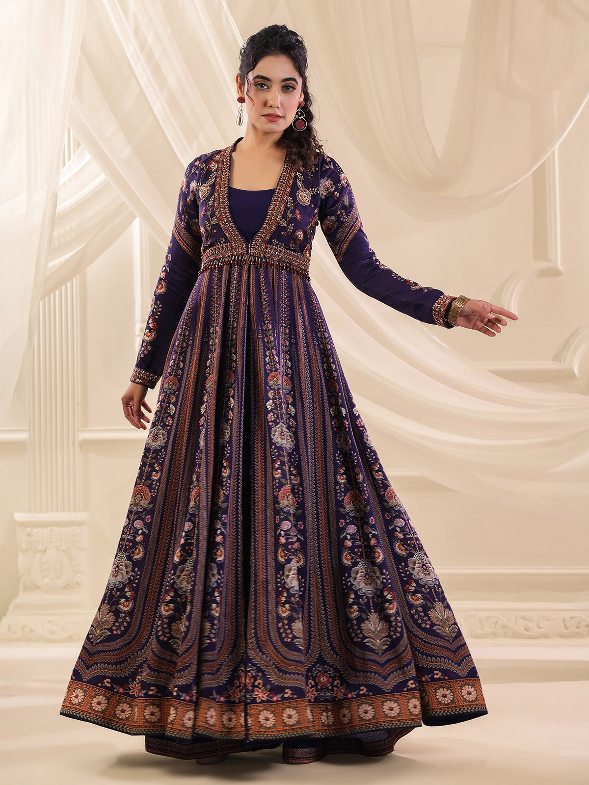 Purple silk anarkali style designer palazzo suit