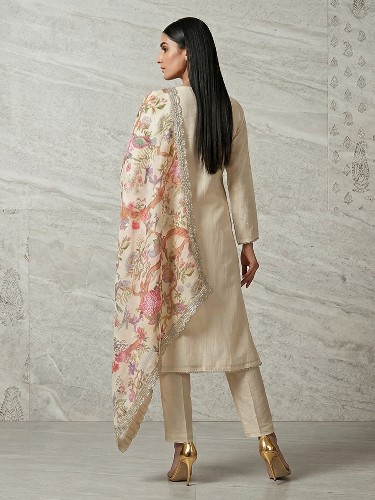Cream silk straight cut salwar suit festive wear