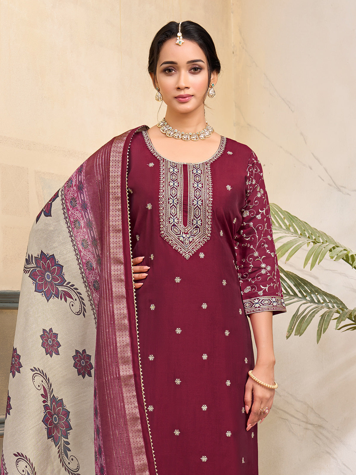 Wine silk yoke style embroidered festive straight cut salwar suit