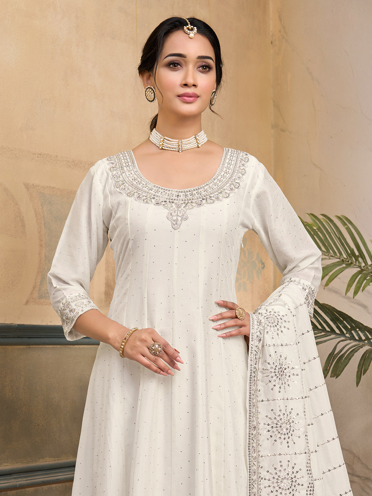 White chiffon silk anarkali festive wear suit