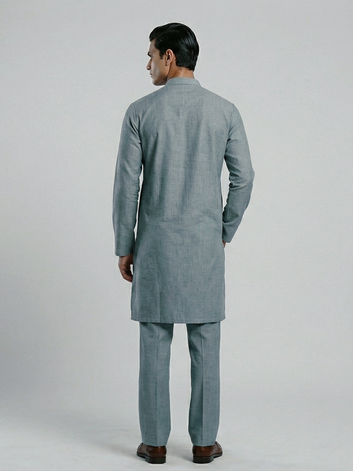 Teal green linen kurta suit with brotch