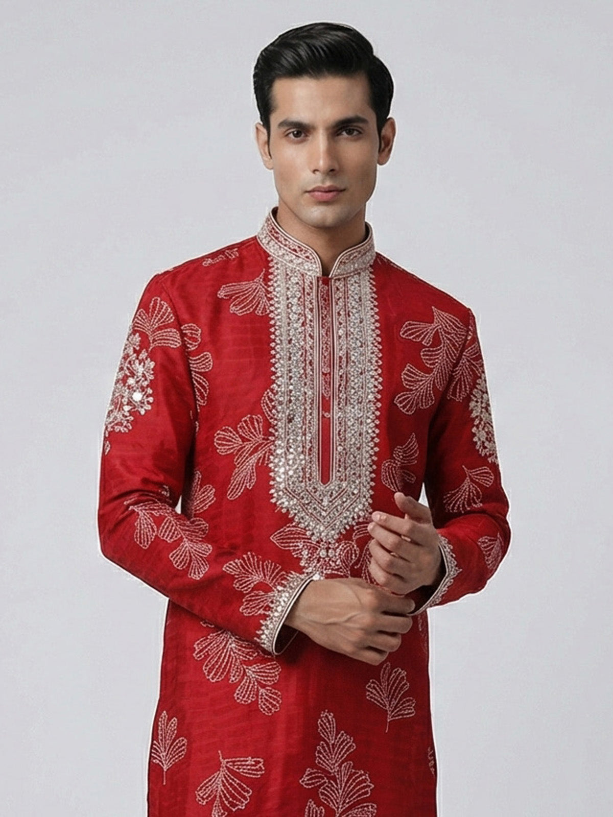 Red silk printed aabla work festive kurta suit
