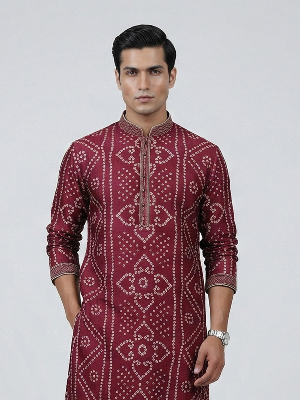 Purple silk bandhej printed festive kurta suit