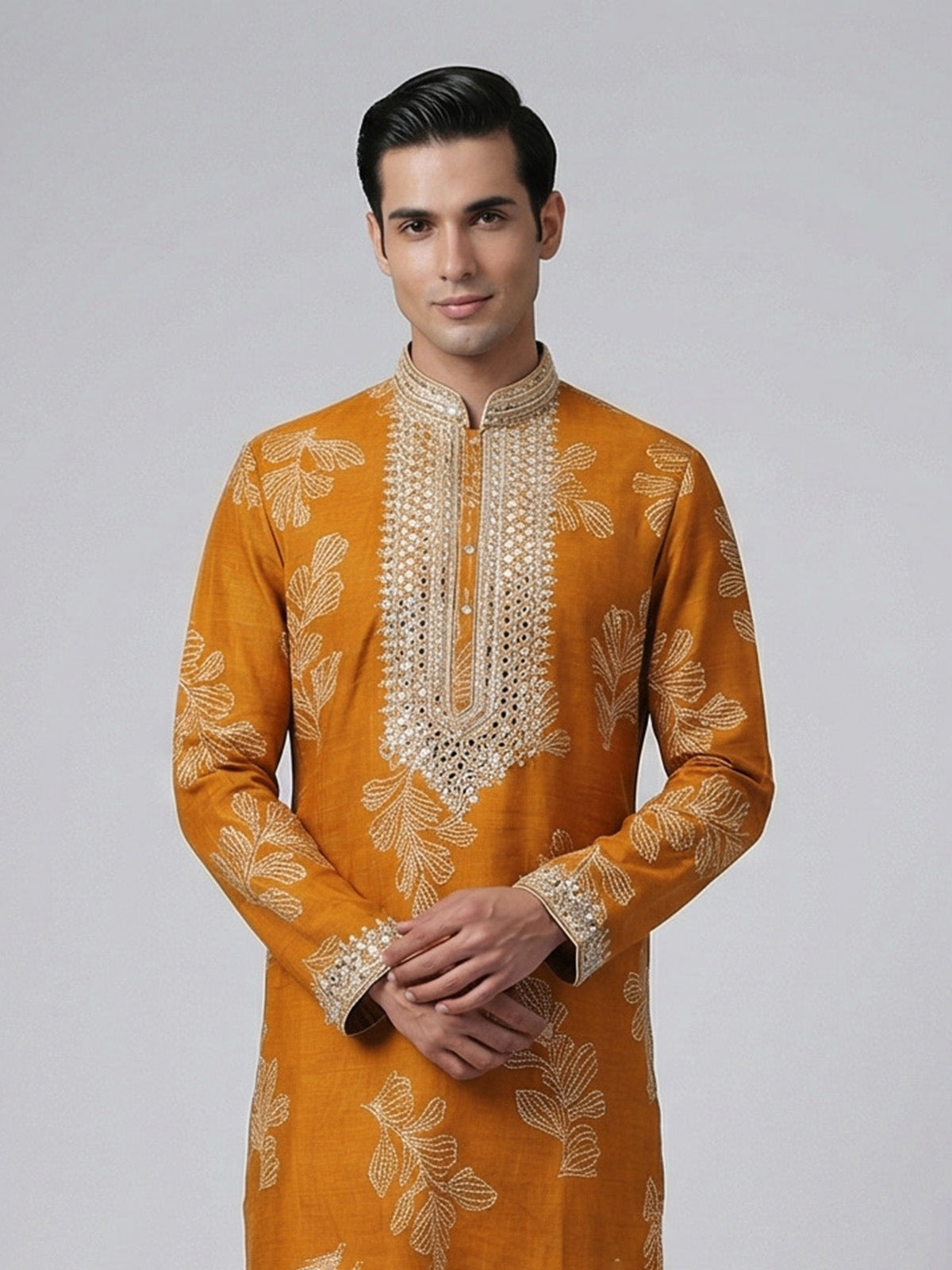 Mustard yellow silk aabla work haldi festive kurta suit