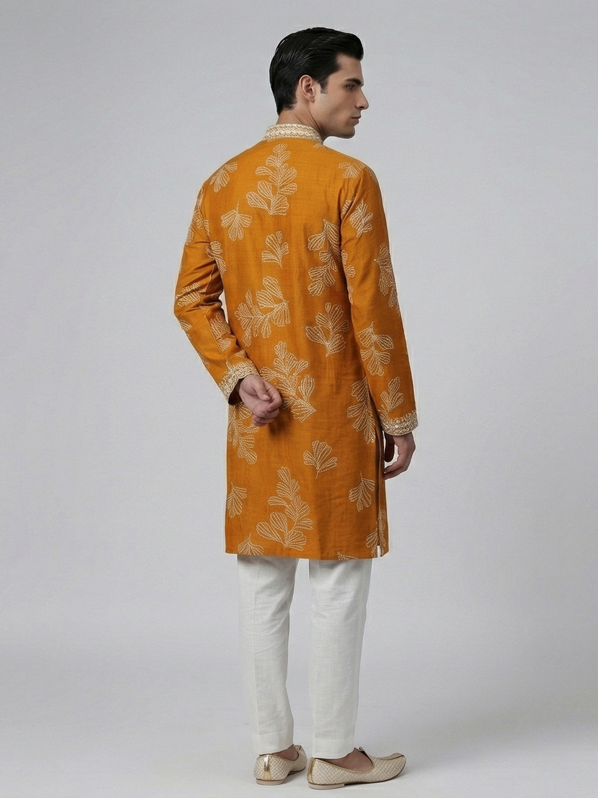 Mustard yellow silk aabla work haldi festive kurta suit