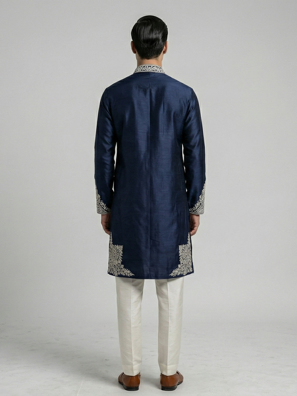 Navy blue silk aabla work festive kurta suit