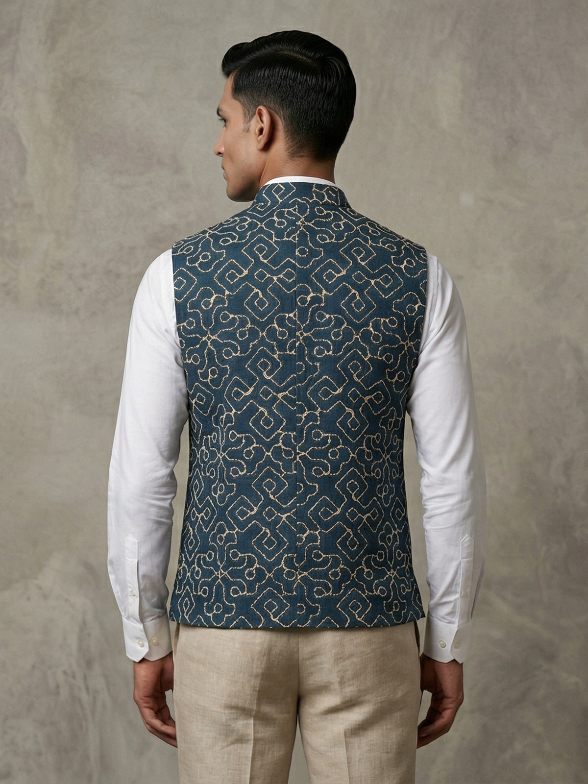 Teal blue cotton thread work festive waistcoat