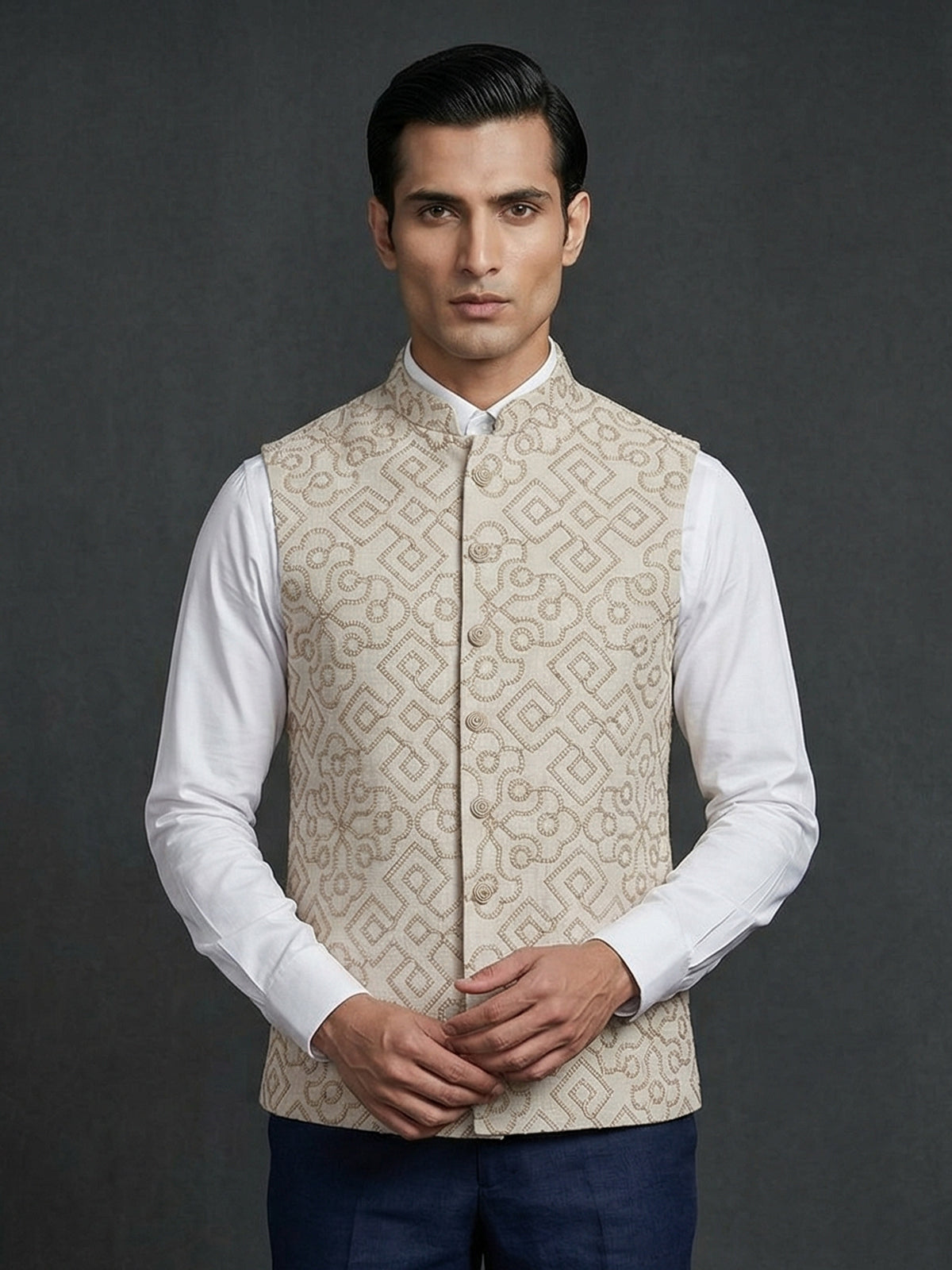 Beige cotton thread work elegant festive waistcoat