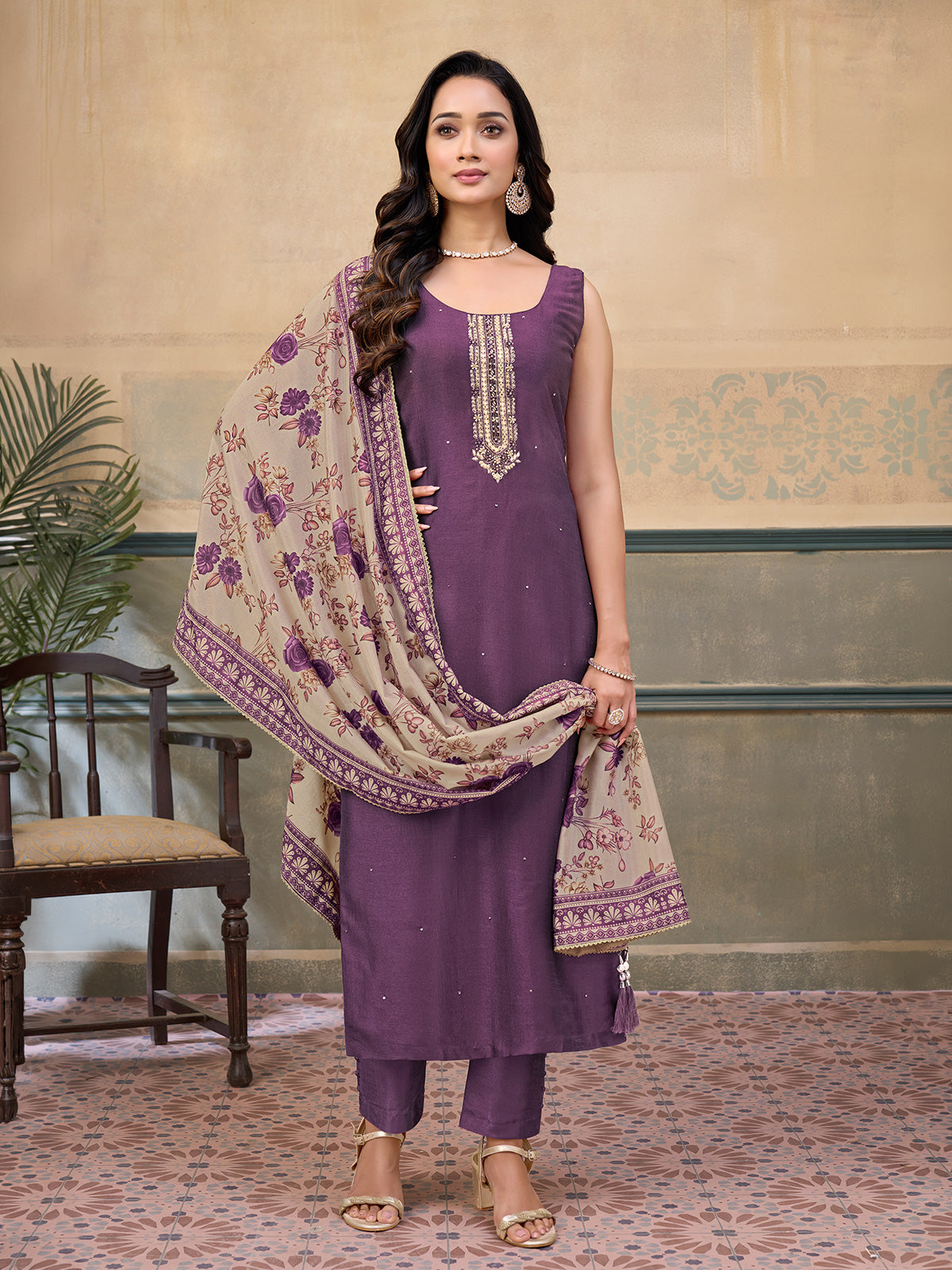 Purple silk round neck embellished festive sleeveless salwar suit