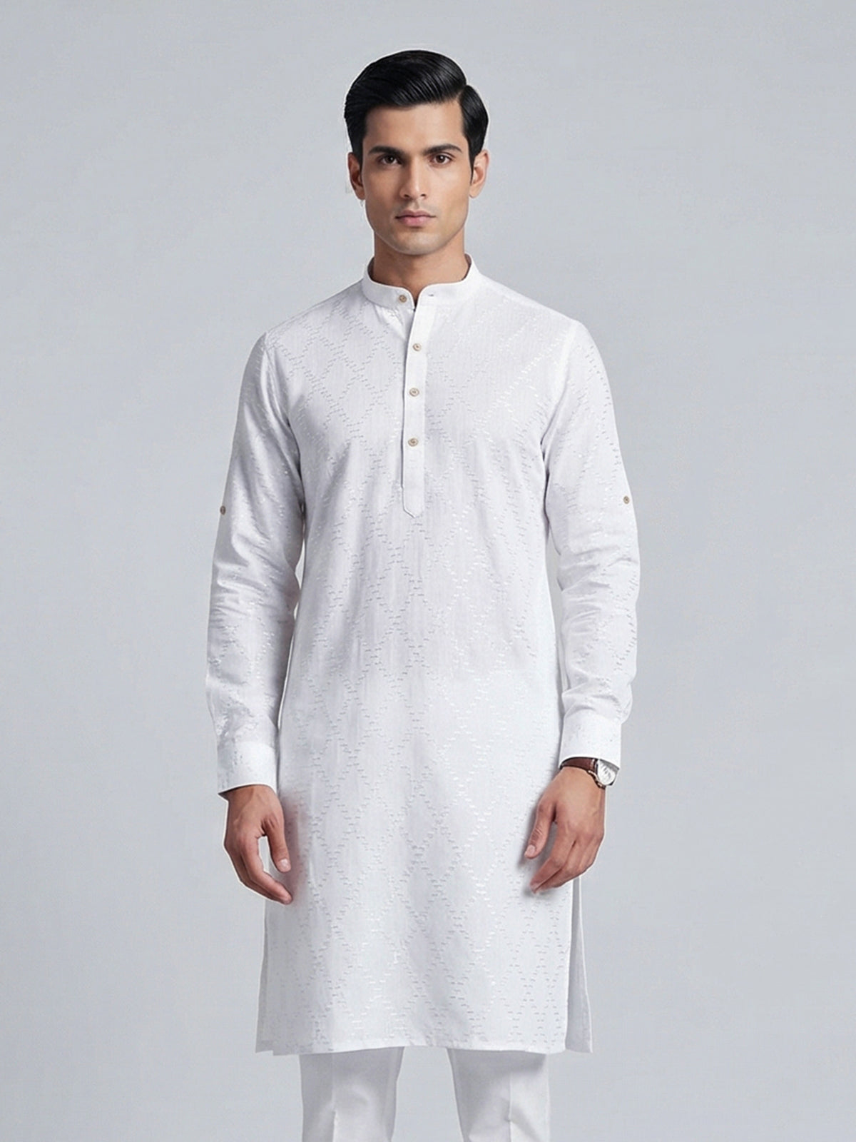White cotton linen thread work classic festive kurta