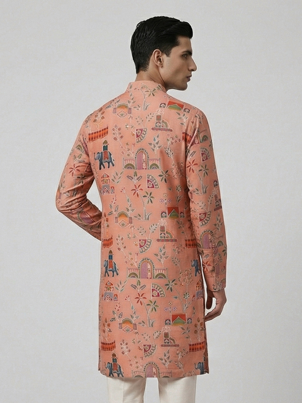 Peach silk printed thread sequins festive kurta