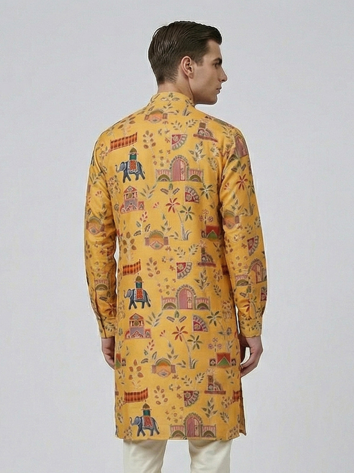 Yellow silk printed thread work haldi festive kurta